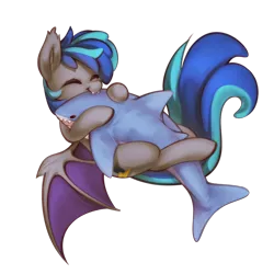 Size: 2500x2500 | Tagged: safe, alternate version, artist:mirroredsea, derpibooru import, oc, oc:midnight storm, unofficial characters only, bat pony, pony, shark, alternate character, bat pony oc, bat wings, blåhaj, commission, cute, eyes closed, fangs, g4, high res, hug, image, male, male oc, nom, plushie, png, shark plushie, simple background, smiling, solo, spread wings, transparent background, wings, ych result