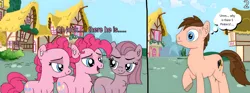 Size: 4096x1517 | Tagged: safe, artist:thebronypony123, derpibooru import, pinkie pie, oc, oc:braden, earth pony, pony, 2 panel comic, bubble berry, chest fluff, comic, dialogue, ear fluff, female, g4, hock fluff, image, jpeg, male, open mouth, open smile, pinkamena diane pie, ponyville, raised hoof, rule 63, self paradox, self ponidox, smiling, sweat, sweatdrops, thought bubble, triality