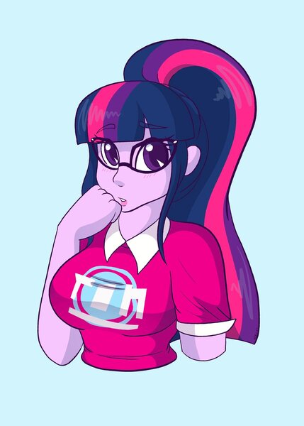 Size: 1463x2048 | Tagged: safe, artist:mscolorsplash, derpibooru import, sci-twi, twilight sparkle, human, equestria girls, blue background, bust, female, g4, hand on cheek, image, jpeg, music festival outfit, my little pony equestria girls: better together, simple background, solo