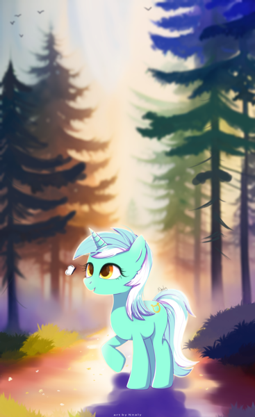 Size: 4000x6533 | Tagged: safe, artist:nnaly, derpibooru import, lyra heartstrings, butterfly, insect, pony, unicorn, absurd resolution, aura, cute, depth of field, female, forest, g4, horn, image, looking at something, lyrabetes, mare, nature, open mouth, open smile, outdoors, png, raised hoof, road, signature, smiling, solo, tail, tree