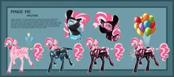 Size: 5438x2412 | Tagged: safe, artist:parrpitched, derpibooru import, pinkie pie, oc, oc:pinkie pie (prisoners of the moon), earth pony, zebra, concave belly, fireheart76's latex suit design, g4, image, latex, latex suit, png, prisoners of the moon, redesign, reference sheet, rubber, rubber suit