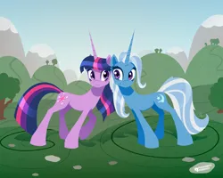 Size: 2048x1638 | Tagged: safe, artist:pleasantlypurrfect, derpibooru import, trixie, twilight sparkle, pony, unicorn, concave belly, duo, female, g4, horn, image, jpeg, long horn, mare, outdoors, slender, standing, thin, unicorn twilight