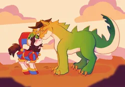 Size: 2048x1431 | Tagged: safe, artist:pinkotop, derpibooru import, gummy, ponified, crocodile, pony, cloud, clown, cowboy hat, crossover, duo, father and child, female, g4, gummigoo, gummy crocodile, hat, image, jpeg, male, mother and father, pomni, shipping, spoilers for another series, the amazing digital circus