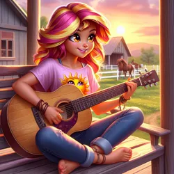 Size: 1024x1024 | Tagged: safe, ai content, derpibooru import, machine learning generated, prompter:yet-one-more-idiot, sunset shimmer, horse, human, equestria girls, barefoot, clothes, cute, denim, farm, feet, g4, generator:bing image creator, generator:dall-e 3, guitar, image, jeans, jpeg, musical instrument, pants, shimmerbetes, shirt, sunset, t-shirt