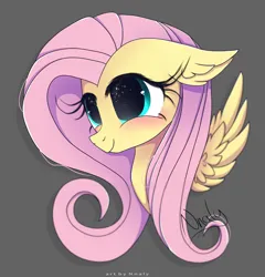 Size: 3784x3943 | Tagged: safe, artist:nnaly, derpibooru import, fluttershy, pegasus, pony, blushing, bust, cute, female, g4, gray background, high res, image, mare, png, portrait, shyabetes, signature, simple background, smiling, solo