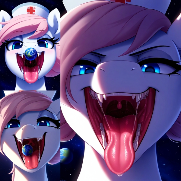 Size: 2880x2880 | Tagged: questionable, ai content, derpibooru import, machine learning generated, novelai, stable diffusion, nurse redheart, earth pony, pony, bust, close-up, collage, drainpipe throat, drool, drool string, female, giantess, giga, image, jpeg, looking at you, macro, mawshot, nurse, object vore, open mouth, planet, planet vore, pony bigger than a planet, portrait, prompt in description, sharp teeth, solo, solo female, teeth, throat, tongue out, uvula, vore