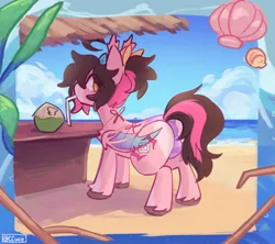 Size: 1800x1600 | Tagged: suggestive, artist:cuiicie, derpibooru import, oc, oc:key mash, unofficial characters only, bat pony, ahoge, beach, bikini, clothes, coconut, female, food, horns, image, jpeg, ponytail, solo, swimsuit