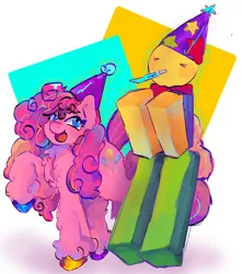 Size: 2048x2313 | Tagged: safe, artist:peophonia, derpibooru import, pinkie pie, earth pony, human, pony, abstract background, chest fluff, colored hooves, crossover, eyes closed, fluffy, grin, halftone, hat, image, jpeg, open mouth, party hat, party horn, partynoob, pink coat, pink hair, raised hoof, regretevator, roblox, simple background, smiling, standing, unshorn fetlocks, white background, wingding eyes, yellow skin