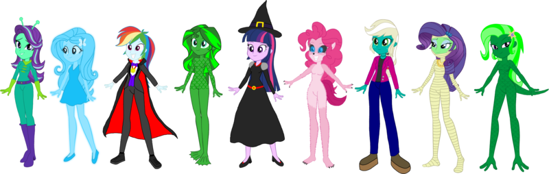 Size: 4038x1284 | Tagged: safe, artist:invisibleink, artist:tylerajohnson352, derpibooru import, applejack, fluttershy, pinkie pie, rainbow dash, rarity, starlight glimmer, sunset shimmer, trixie, twilight sparkle, alien, chameleon, ghost, reptile, undead, vampire, werewolf, equestria girls, antenna, bandage, black sclera, bolts, boots, cape, claws, clothes, dress, eqg promo pose set, fangs, female, fins, flippers, frankenstein, frankenstein's monster, fur, g4, gills, gloves, glow, glowing eyes, green skin, hairpin, halloween, hat, high heels, holiday, image, jewelry, lizard creature, monster, mummy, necklace, pants, png, pointed ears, sharp teeth, shoes, simple background, stitches, suit, swamp creature, tail, talons, teeth, transparent background, vest, webbed feet, webbed fingers, witch, witch hat