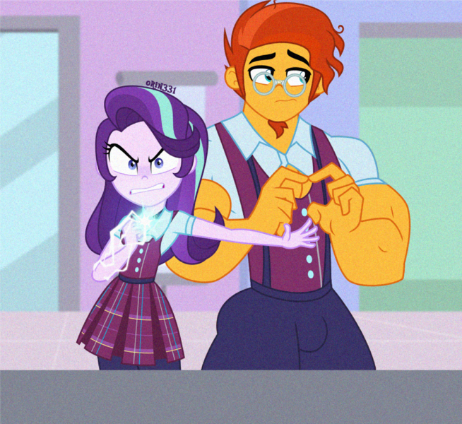 Size: 1280x1174 | Tagged: safe, artist:orin331, derpibooru import, starlight glimmer, sunburst, human, equestria girls, 2d, clothes, crystal prep academy uniform, equestria girls-ified, female, g4, glasses, gunburst, height difference, image, indoors, male, muscles, muscular male, no pickles, open mouth, pleated skirt, png, school uniform, shadowbolts, skirt