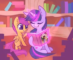 Size: 4000x3298 | Tagged: safe, artist:meekcheep, derpibooru import, daring do, scootaloo, twilight sparkle, pegasus, pony, unicorn, blank flank, book, bookshelf, cute, cutealoo, daring do book, duo, duo female, ear fluff, eyes closed, female, g4, glow, glowing horn, golden oaks library, grin, high res, horn, image, indoors, levitation, library, looking at something, magic, magic aura, open mouth, open smile, png, rearing, sitting, smiling, tail, telekinesis, twiabetes, unicorn twilight, wings