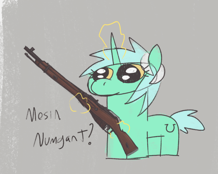 Size: 1494x1194 | Tagged: safe, artist:t72b, derpibooru import, lyra heartstrings, pony, unicorn, horn, image, magic, mosin nagant, numget, png, pun, simple background, style emulation