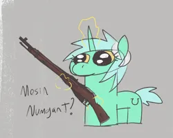 Size: 1494x1194 | Tagged: safe, artist:t72b, derpibooru import, lyra heartstrings, pony, unicorn, horn, image, magic, mosin nagant, numget, png, pun, simple background, style emulation