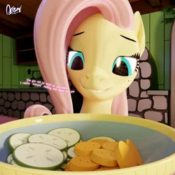 Size: 2048x2048 | Tagged: suggestive, artist:quicktimepony, derpibooru import, fluttershy, pegasus, pony, 3d, beauty mark, blender, bowl, carrot, cucumber, dialogue, food, image, kitchen, micro, png, signature, smiling