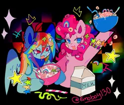 Size: 2048x1741 | Tagged: safe, artist:emoboy130, derpibooru import, pinkie pie, rainbow dash, earth pony, pegasus, pony, :3, ahoge, bandaid, blue coat, blue eyes, bowl, bracelet, cereal, checkered background, chest fluff, colored hooves, colored pinnae, curly mane, cute, cute little fangs, drool, duo, duo female, ear fluff, emanata, eye clipping through hair, eyelashes, fangs, female, floating crown, food, g4, hair accessory, hairclip, hoof hold, image, jewelry, jpeg, lidded eyes, long mane, looking at something, looking away, lucky charms, mane accessory, mare, milk carton, multicolored hair, multicolored mane, narrowed eyes, open mouth, open smile, patterned background, pink coat, pink eyes, pink mane, pink text, rainbow hair, raised hoof, shiny hooves, shiny mane, shrunken pupils, signature, silly straw, smiling, sparkles, spoon, spread wings, straw, wingding eyes, wings