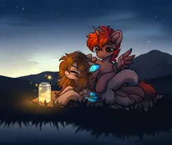 Size: 4500x3800 | Tagged: safe, artist:konejo, derpibooru import, oc, oc:hardy, alicorn, bat pony, firefly (insect), hybrid, insect, pony, blanket, chest fluff, duo, ear fluff, female, fluffy tail, folded wings, glow, glowing ears, glowing wings, grass, high res, image, jar, male, mare, mountain, night, oc x oc, png, shipping, smiling, spread wings, stallion, stars, straight, stroking, tail, water, wings