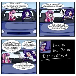 Size: 1750x1750 | Tagged: suggestive, artist:anibaruthecat, derpibooru import, rarity, sweetie belle, human, equestria girls, blushing, car, comic, convention, curly hair, dialogue, driving, embarrassed, g4, image, implied sex, jpeg, naive, offscreen character, open mouth, purple hair, sexually oblivious, shocked, shocked expression, two toned hair