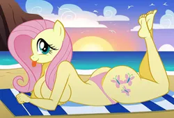 Size: 2112x1440 | Tagged: suggestive, ai content, derpibooru import, machine learning generated, prompter:excelus, fluttershy, anthro, bird, plantigrade anthro, seagull, beach, beach towel, big breasts, breasts, busty fluttershy, clothes, cloud, feet, feet up, foot focus, g4, image, large butt, lying down, no tail, panties, partial nudity, png, show accurate, solo, sun, sunbathing, tongue out, topless, towel, underwear