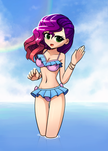 Size: 2508x3528 | Tagged: safe, artist:howxu, derpibooru import, human, g5, alternate hairstyle, belly button, bikini, clothes, commission, cute, female, humanized, image, light skin, misty brightdawn, mistybetes, partially submerged, png, rebirth misty, solo, standing in water, sweet dreams fuel, swimsuit, water