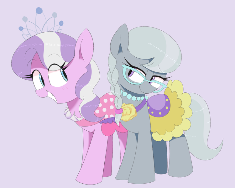 Size: 2500x2000 | Tagged: safe, artist:spoonie, derpibooru import, diamond tiara, silver spoon, earth pony, pony, glasses, image, jewelry, looking at each other, looking at someone, necklace, png, saddle, simple background, smiling, smiling at each other, tack, tiara