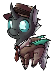 Size: 502x687 | Tagged: safe, artist:uteuk, derpibooru import, oc, oc:closed case, unofficial characters only, changeling, changeling oc, clothes, green changeling, happy, hat, image, male, necktie, png, simple background, smol, solo, suit, transparent background