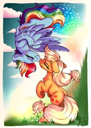 Size: 2894x4093 | Tagged: safe, artist:julunis14, derpibooru import, applejack, rainbow dash, earth pony, pegasus, pony, appledash, blushing, boop, chest fluff, cloud, duo, duo female, ear fluff, eyes closed, female, flying, freckles, g4, grass, hatless, high res, image, lesbian, mare, missing accessory, noseboop, outdoors, png, rearing, shipping, signature, sky, smiling, spread wings, tail, underhoof, upside down, wings