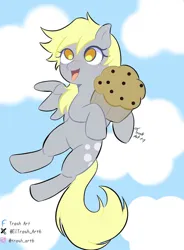 Size: 766x1043 | Tagged: safe, artist:trash-art06, derpy hooves, cloud, flying, food, image, jpeg, meta, muffin, sky, smiling, twitter