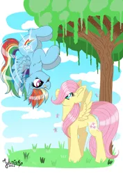 Size: 1920x2716 | Tagged: safe, artist:julunis14, derpibooru import, fluttershy, rainbow dash, butterfly, insect, pegasus, pony, bandaid, bandaid on nose, chest fluff, cloud, duo, duo female, ear fluff, female, filly, filly fluttershy, filly rainbow dash, flying, g4, glowing cutie mark, grass, high res, image, leg fluff, looking at each other, looking at someone, open mouth, open smile, outdoors, png, signature, sky, smiling, smiling at each other, spread wings, tail, tree, upside down, wings, younger