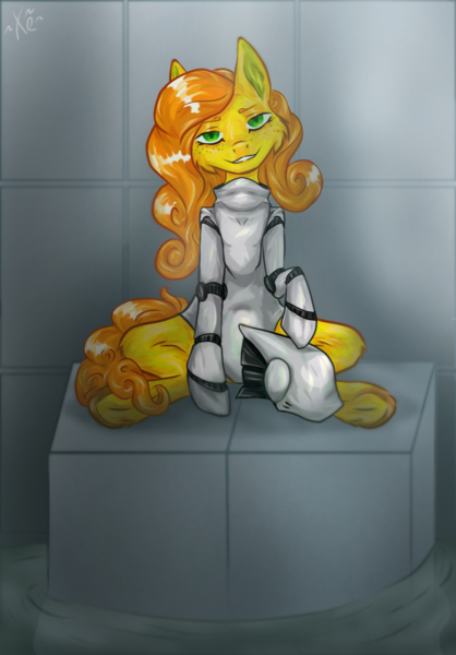 Size: 1266x1816 | Tagged: safe, artist:kenry dog, derpibooru import, oc, oc:anna pine, unofficial characters only, cyborg, earth pony, curly mane, freckles, haydee, helmet, image, looking at you, png, sitting, solo, water