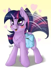 Size: 2894x4093 | Tagged: safe, artist:julunis14, derpibooru import, twilight sparkle, pony, unicorn, bag, blushing, chest fluff, cute, ear fluff, female, filly, filly twilight sparkle, g4, gradient background, heart, high res, horn, image, open mouth, open smile, png, saddle bag, signature, smiling, solo, tail, tail wag, tooth gap, twiabetes, twilight dog, unicorn twilight, younger