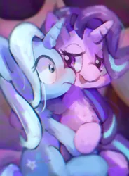 Size: 1000x1359 | Tagged: safe, artist:lexiedraw, derpibooru import, starlight glimmer, trixie, pony, unicorn, blushing, duo, duo female, eye contact, female, g4, holding hooves, horn, image, lesbian, lidded eyes, looking at each other, looking at someone, mare, open mouth, open smile, png, shipping, smiling, startrix