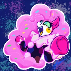 Size: 1200x1200 | Tagged: safe, artist:aj flame ss6, derpibooru import, pinkie pie, earth pony, pony, alternate timeline, alternate universe, clown, clown makeup, clown outfit, confetti, confetti in mane, eternal night au (janegumball), female, g4, image, laughing, mare, nightmare pinkie, nightmare takeover timeline, nightmarified, png, signature, solo
