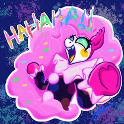 Size: 1200x1200 | Tagged: safe, alternate version, artist:aj flame ss6, derpibooru import, pinkie pie, earth pony, alternate timeline, alternate universe, clown, clown makeup, clown outfit, confetti, confetti in mane, eternal night au (janegumball), g4, image, laughing, nightmare pinkie, nightmare takeover timeline, nightmarified, png, signature, solo, text