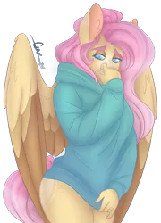 Size: 2809x3907 | Tagged: safe, artist:trashpanda czar, derpibooru import, fluttershy, anthro, pegasus, clothes, ear fluff, female, folded wings, hair bun, hoodie, image, long tail, looking at you, png, simple background, solo, solo female, tail, transparent background, wings