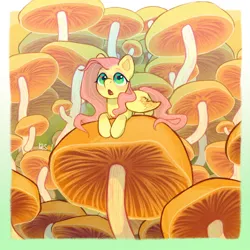 Size: 2900x2900 | Tagged: safe, artist:resoi0, derpibooru import, fluttershy, pegasus, pony, cute, female, g4, giant mushroom, high res, image, mare, mushroom, open mouth, png, shyabetes, signature, solo