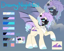 Size: 2498x1996 | Tagged: safe, artist:skyboundsiren, derpibooru import, oc, oc:dreamy nightfall, unofficial characters only, bat pony, collar, cutie mark, ear fluff, ear piercing, eyeshadow, female, gauges, image, jewelry, jpeg, makeup, mask, necklace, piercing, reference sheet, respirator, solo