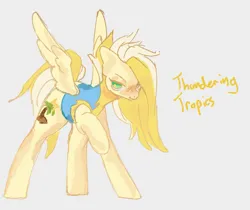 Size: 1295x1087 | Tagged: safe, artist:guccilarue, derpibooru import, oc, oc:thundering tropics, pegasus, pony, female, gray background, image, mare, pegasus oc, png, simple background, solo, wings, yellow coat, yellow hair, yellow mane