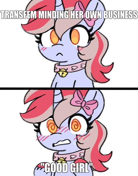 Size: 818x1044 | Tagged: safe, artist:emera33, derpibooru import, oc, oc:cinnamon lightning, unofficial characters only, pony, unicorn, :<, bell, bell collar, blushing, bow, caption, collar, cute, embarrassed, female, good girl, hair bow, hooves up, horn, image, image macro, jpeg, mare, meme, nervous, no pupils, ocbetes, simple background, solo, sweat, sweatdrop, swirly eyes, text, transgender, white background