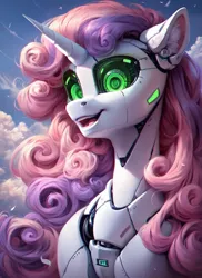 Size: 1024x1408 | Tagged: safe, ai content, derpibooru import, machine learning generated, prompter:star-dragon, stable diffusion, sweetie belle, pony, robot, robot pony, unicorn, bust, ear fluff, female, g4, generator:pony diffusion v6 xl, green eyes, happy, horn, image, png, portrait, solo, sweetie bot