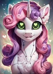 Size: 1024x1408 | Tagged: safe, ai content, derpibooru import, machine learning generated, prompter:star-dragon, stable diffusion, sweetie belle, pony, robot, robot pony, unicorn, bust, ear fluff, female, g4, generator:pony diffusion v6 xl, green eyes, happy, heart, heart eyes, horn, image, png, portrait, solo, sweetie bot, wingding eyes
