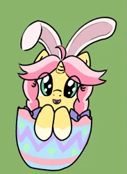 Size: 679x926 | Tagged: safe, artist:craftycirclepony, derpibooru import, oc, oc:crafty circles, unofficial characters only, pony, unicorn, animal costume, bow, bucktooth, bunny costume, clothes, coat markings, costume, cute, easter, easter egg, egg, female, filly, foal, freckles, green background, hair bow, happy, holiday, horn, image, looking at you, png, simple background, smiling, socks (coat marking), solo