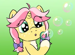 Size: 1390x1018 | Tagged: safe, artist:craftycirclepony, derpibooru import, oc, oc:crafty circles, unofficial characters only, pony, unicorn, :o, blowing bubbles, bow, bubble, bubble blower, bust, coat markings, cute, female, filly, foal, freckles, gradient background, green background, hair bow, hoof hold, horn, image, open mouth, png, simple background, socks (coat marking), solo