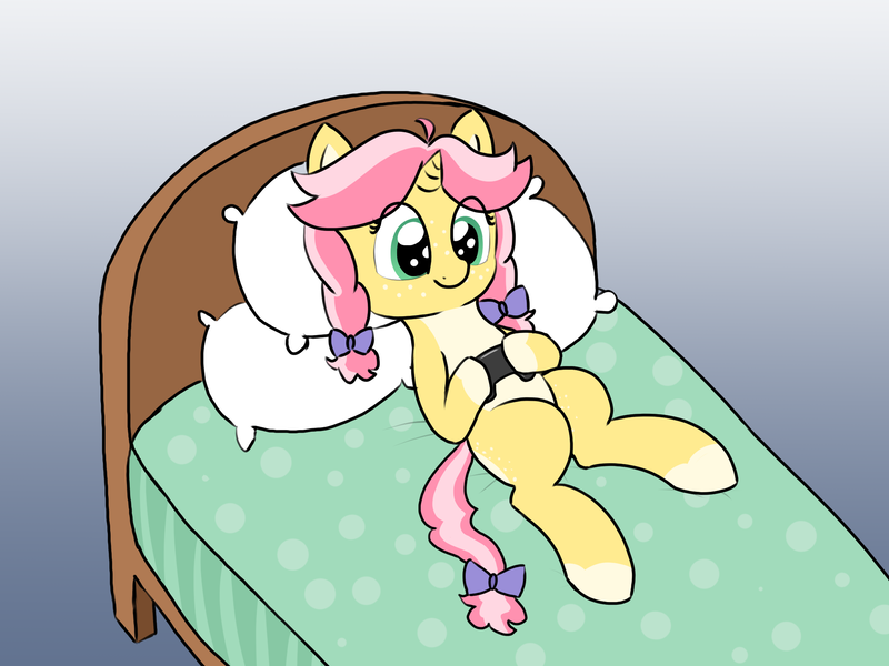 Size: 2000x1500 | Tagged: safe, artist:craftycirclepony, derpibooru import, oc, oc:crafty circles, unofficial characters only, pony, unicorn, bed, bow, butt freckles, coat markings, controller, cute, female, filly, foal, freckles, gradient background, hair bow, hoof hold, horn, image, lying down, on bed, pillow, playing, png, smiling, socks (coat marking), solo, video game