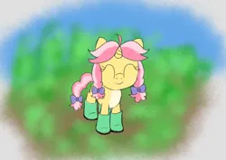 Size: 1686x1195 | Tagged: safe, artist:craftycirclepony, derpibooru import, oc, oc:crafty circles, unofficial characters only, pony, unicorn, ^^, boots, bow, butt freckles, clothes, coat markings, cute, eyes closed, female, filly, foal, freckles, hair bow, horn, image, looking at you, outdoors, png, shoes, smiling, socks (coat marking), solo