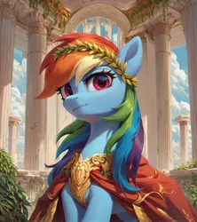 Size: 2048x2304 | Tagged: safe, ai content, derpibooru import, machine learning generated, prompter:ramprover, stable diffusion, rainbow dash, pegasus, pony, cloak, clothes, cute, female, g4, generator:pony diffusion v6 xl, image, jpeg, laurel wreath, looking at you, majestic, mare, rome, solo, standing