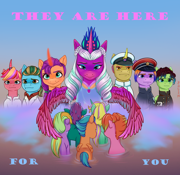 Size: 5760x5592 | Tagged: safe, artist:mrricharz, derpibooru import, sunny starscout, oc, oc:alden shadowseer, oc:eisenhorn shriekwood, oc:sky wingley, alicorn, earth pony, pegasus, pony, unicorn, g5, alternate universe, fanfic art, horn, image, opaline arcana, png