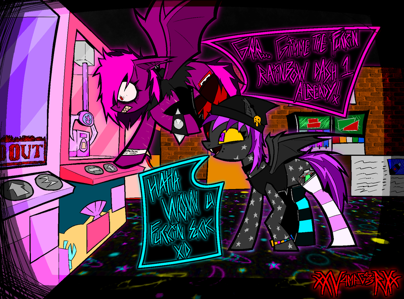 Size: 3614x2681 | Tagged: safe, artist:xxv4mp_g4z3rxx, derpibooru import, oc, oc:spaced out, oc:violet valium, unofficial characters only, bat pony, pony, angry, arcade, beanie, bracelet, button, choker, claw machine, clothes, colored sclera, concession stand, detailed background, duo, flying, hat, hoodie, hospital band, image, kandi bracelet, piercing, png, purple eyes, purple mane, purple tail, red eyes, signature, socks, speech bubble, spiked wristband, spread wings, striped socks, tail, tamagotchi, tanktop, torn clothes, two toned mane, two toned tail, vulgar, wings, wristband, yellow sclera