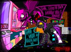 Size: 3614x2681 | Tagged: safe, artist:xxv4mp_g4z3rxx, derpibooru import, oc, oc:spaced out, oc:violet valium, unofficial characters only, bat pony, pony, angry, arcade, beanie, bracelet, button, choker, claw machine, clothes, colored sclera, concession stand, detailed background, duo, flying, hat, hoodie, hospital band, image, kandi bracelet, piercing, png, purple eyes, purple mane, purple tail, red eyes, signature, socks, speech bubble, spiked wristband, spread wings, striped socks, tail, tamagotchi, tanktop, torn clothes, two toned mane, two toned tail, vulgar, wings, wristband, yellow sclera