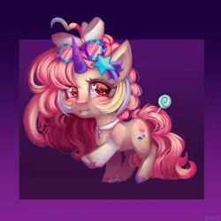 Size: 2500x2500 | Tagged: safe, artist:n3tt0l, derpibooru import, oc, unofficial characters only, pony, unicorn, art trade, blushing, bow, butt blush, candy, chibi, child, clothes, collar, curly hair, curly mane, curly tail, female, food, glasses, gradient background, hair bow, horn, image, lollipop, looking up, pink eyes, pink hair, png, shiny eyes, shiny hair, smiling, socks, solo, tail