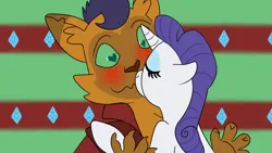 Size: 1280x720 | Tagged: safe, artist:helathahstudios, derpibooru import, capper dapperpaws, rarity, abyssinian, pony, unicorn, my little pony: the movie, blushing, capperity, duo, duo male and female, eyes closed, eyeshadow, female, g4, heart, heart eyes, horn, human shoulders, image, interspecies, jpeg, kissing, makeup, male, shipping, straight, wingding eyes